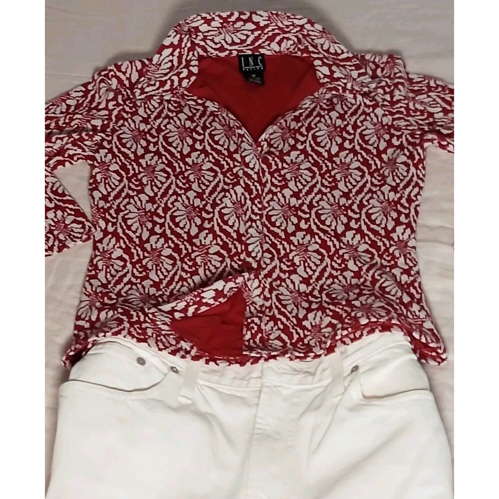 Vintage Y2K INC red white abstract floral print top Sz XS/S boho long sleeve